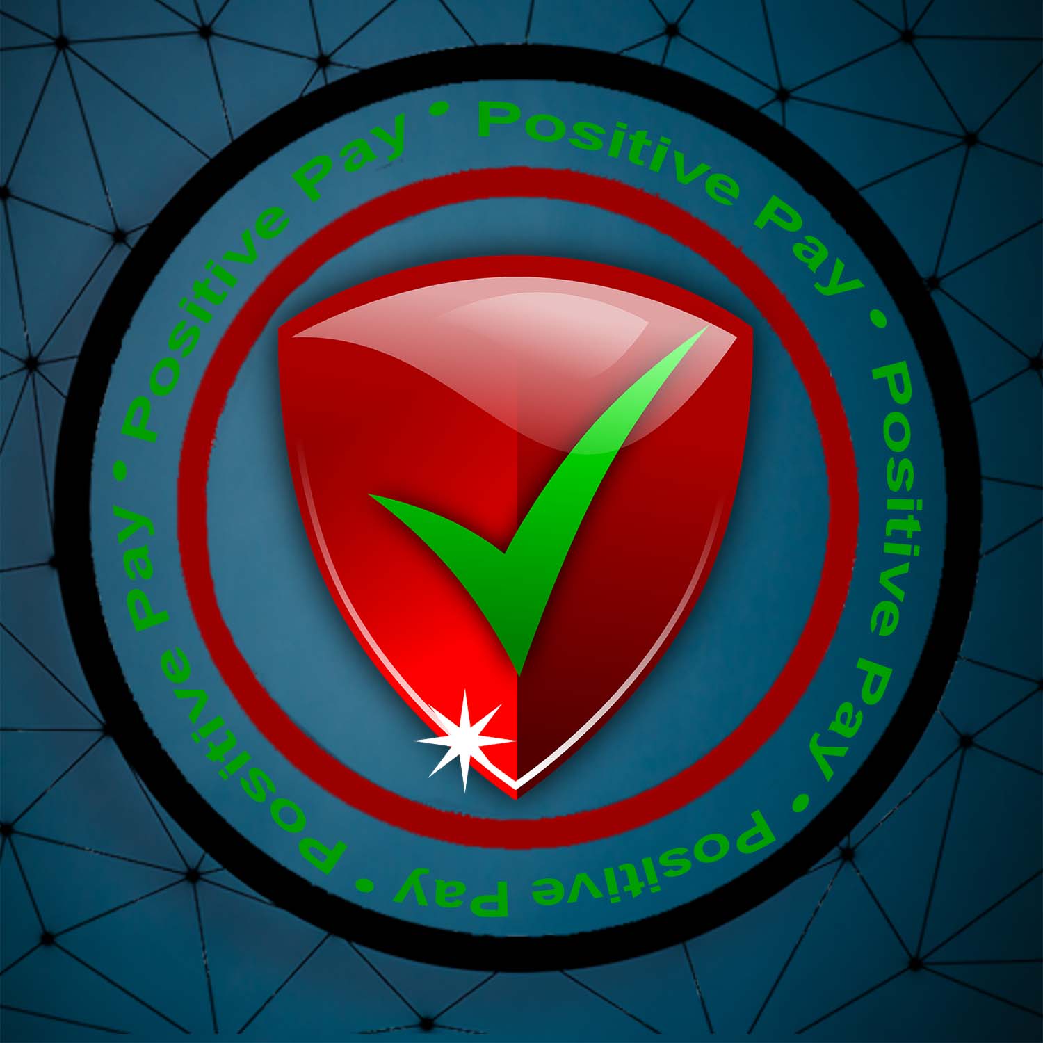 Image of the Positive Pay logo which is a circle with a red shield in the center. The shield has a green checkmark on it.