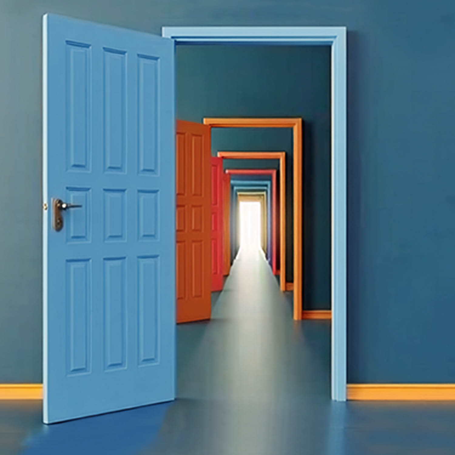 Artist rendering of a row of colorful doors opening to a bright light.