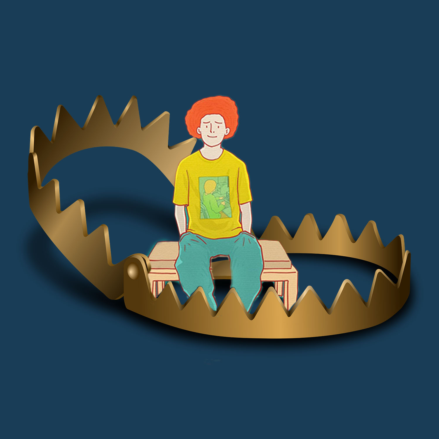 Artist concept of a young adult sitting inside of a giant bear trap. College Financial Pitfalls