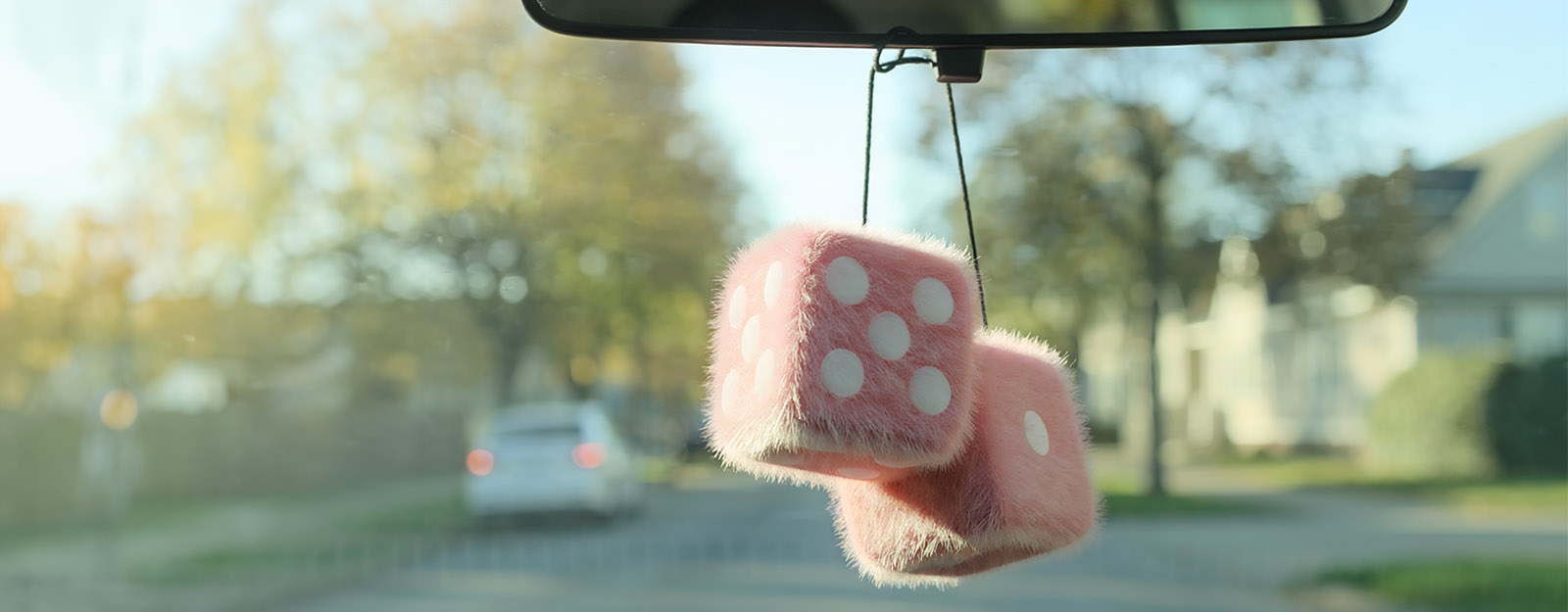 Image from the perspective of looking out of a car's front window with pink, fuzzy dice hanging from the rearview mirror.