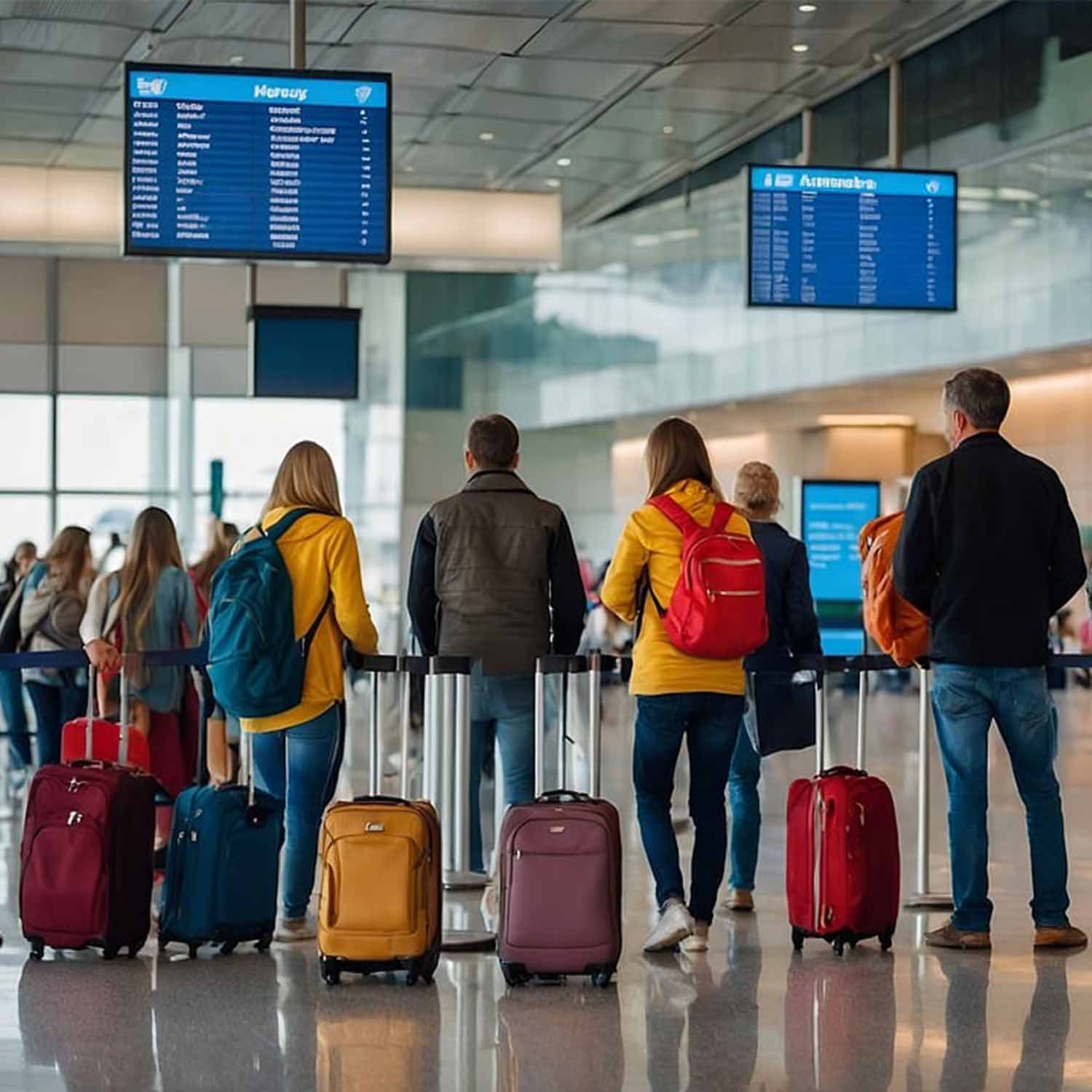 Image of a group of travelers standing in line at an airport.