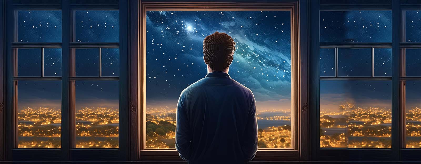 Artwork of the back of a person looking out of a large window overlooking a night sky.