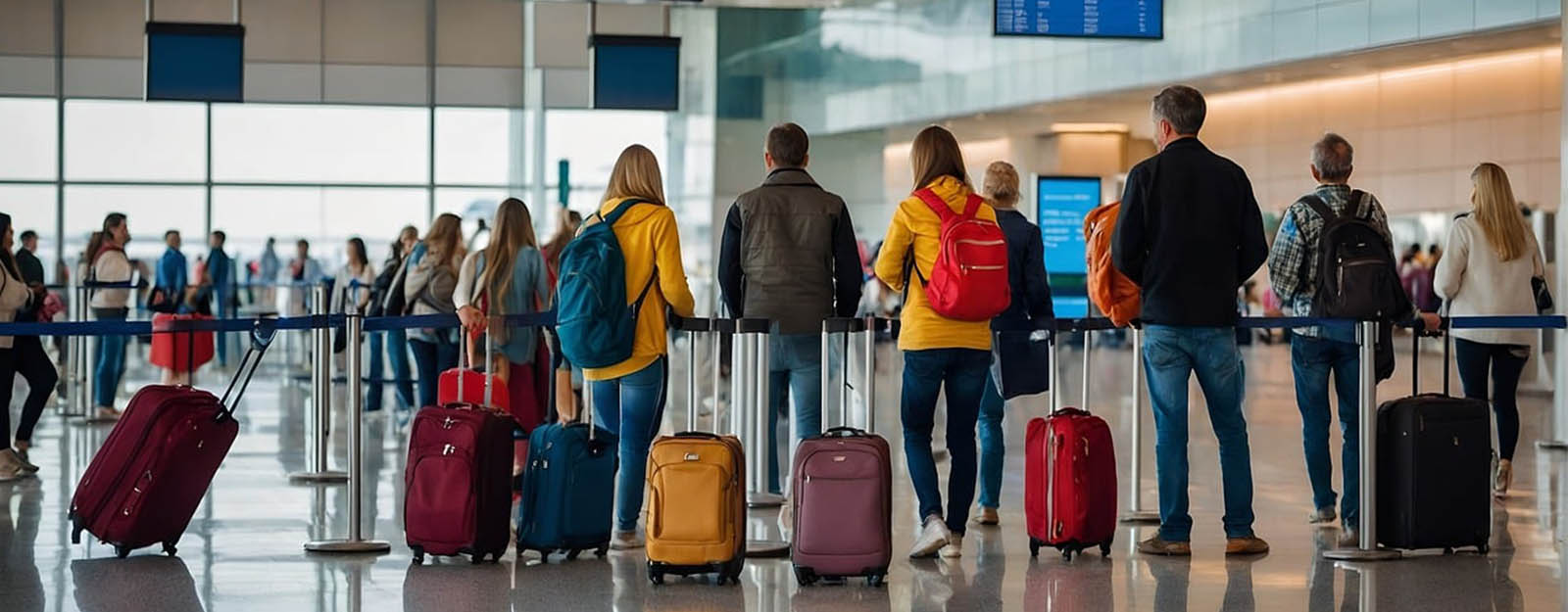 Image of a group of travelers standing in line at an airport.