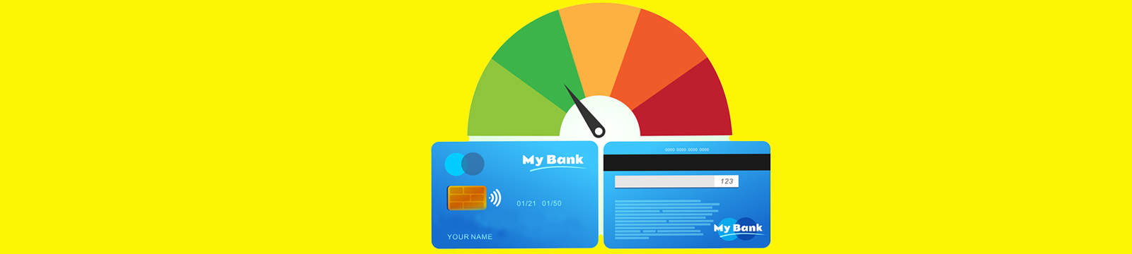 Illustration of a colorful chart, representing the various levels of credit scores, above a bank debit card. 