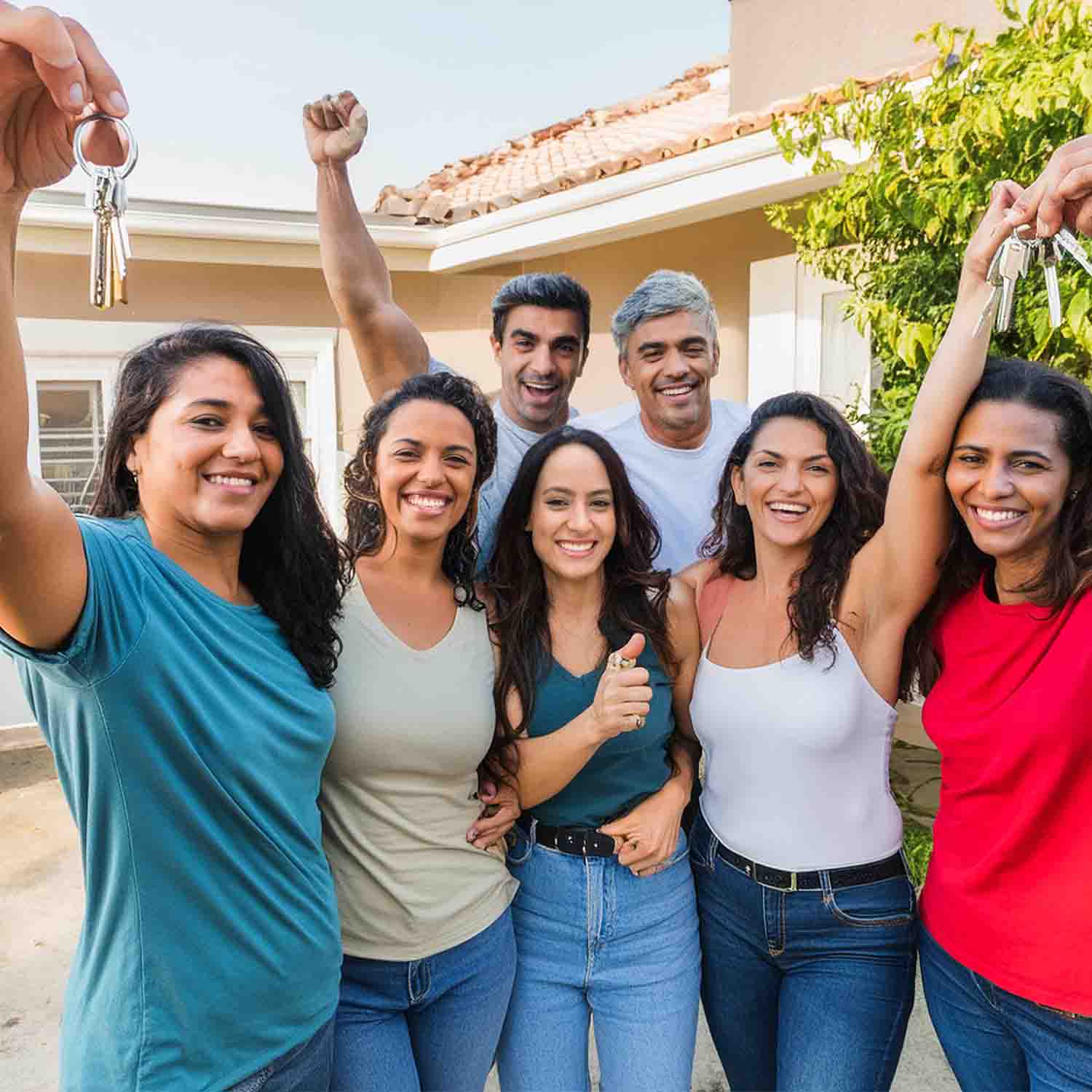 AI created image of a multi-generational family holding up house keys in front of a property.