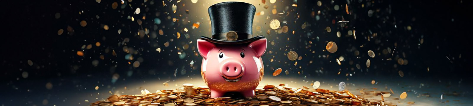 AI generated image of a piggy bank wearing a top hat while money falls from above.