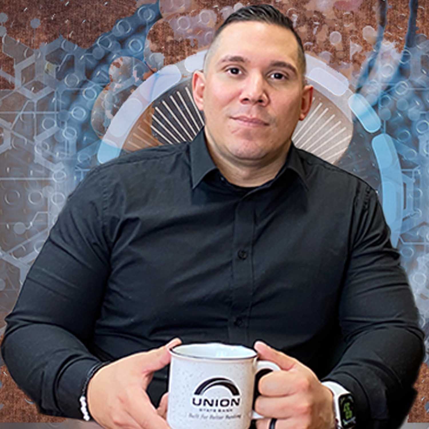 Photo of Union State bank Commercial Lender Juan Hernandez with industrial -styled graphic background.