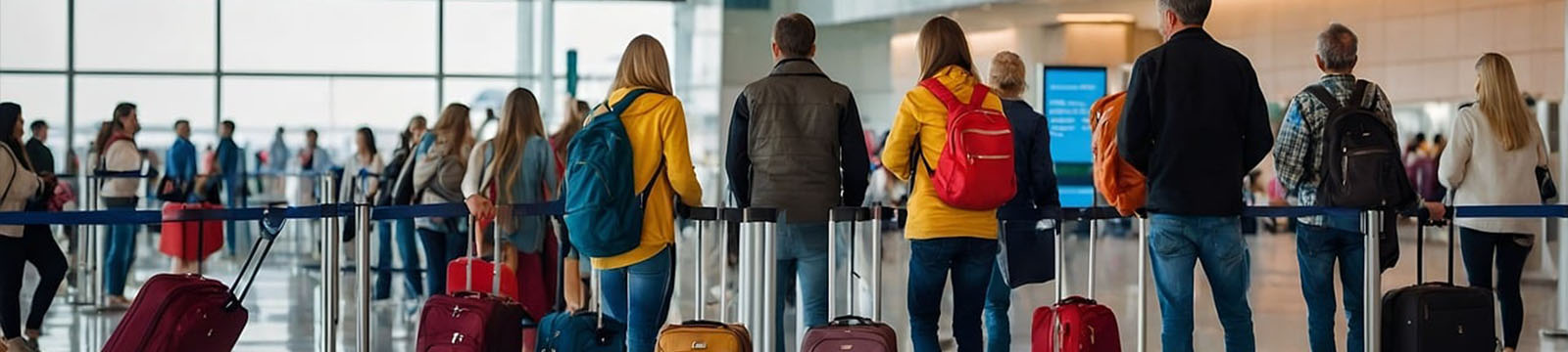 Image of a group of travelers standing in line at an airport.