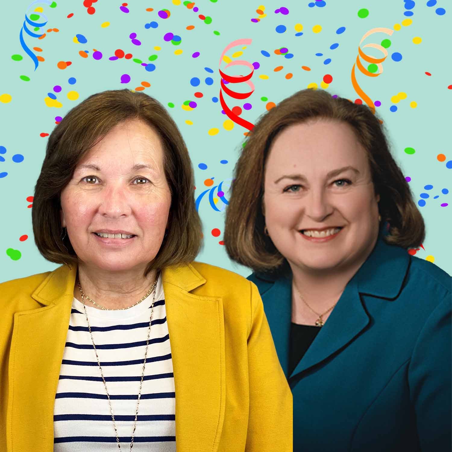 Photo of Brenda Butters and Ruth Parman with illustrated confetti in the background.