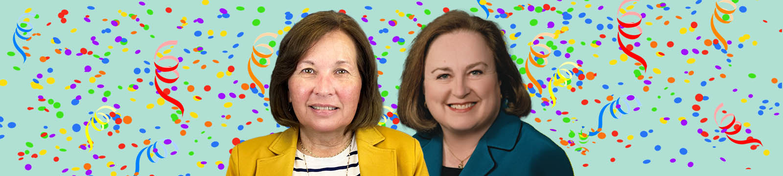 Photo of Brenda Butters and Ruth Parman with illustrated confetti in the background.