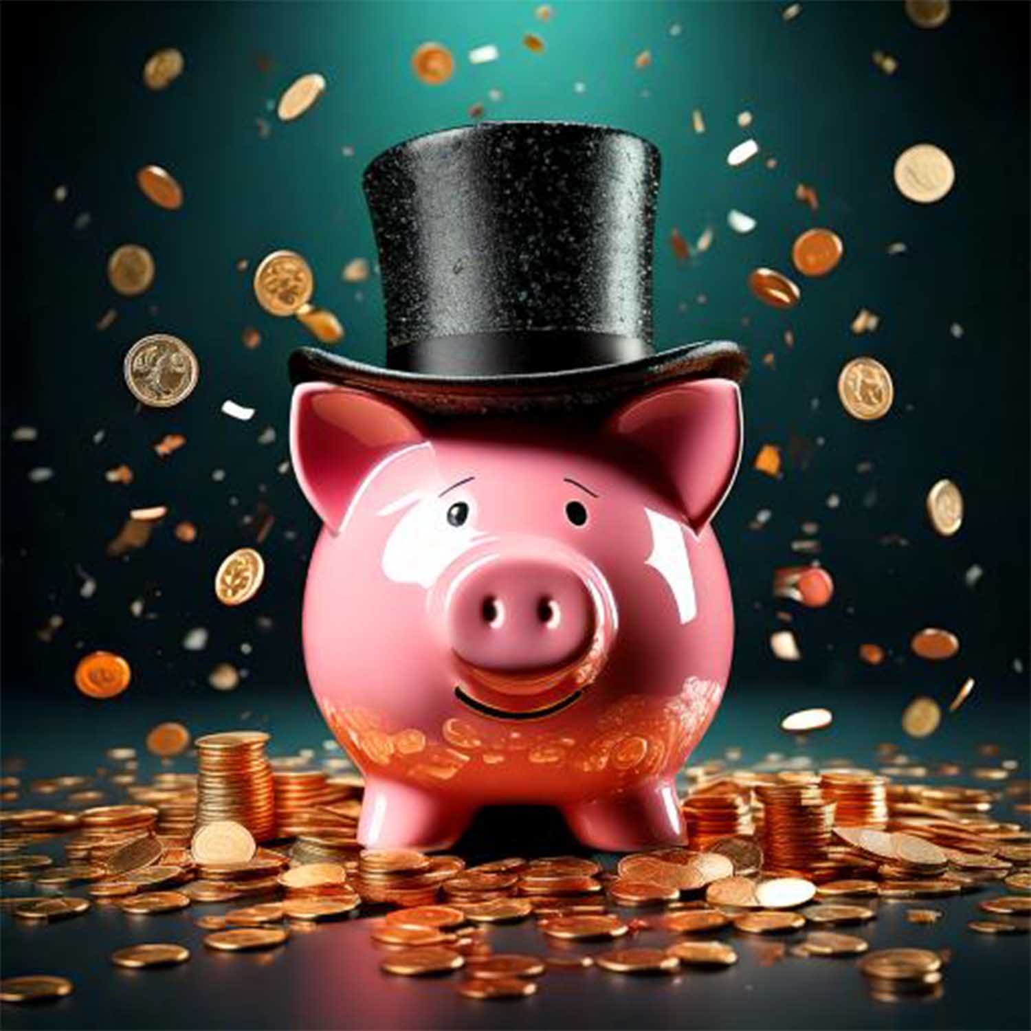 AI generated image of a piggy bank wearing a top hat while money falls from above.