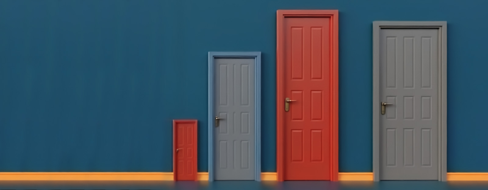 Artist rendering of a row of colorful doors along a blue wall.