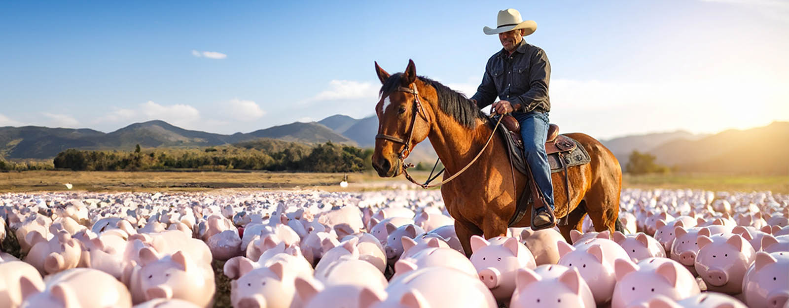 Computer generated image of a cowboy riding a horse with a herd of piggy banks.
