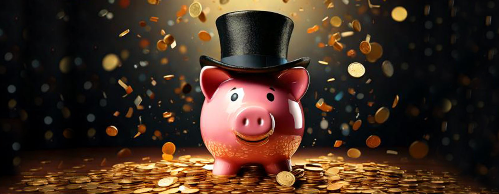 AI generated image of a piggy bank wearing a top hat while money falls from above.