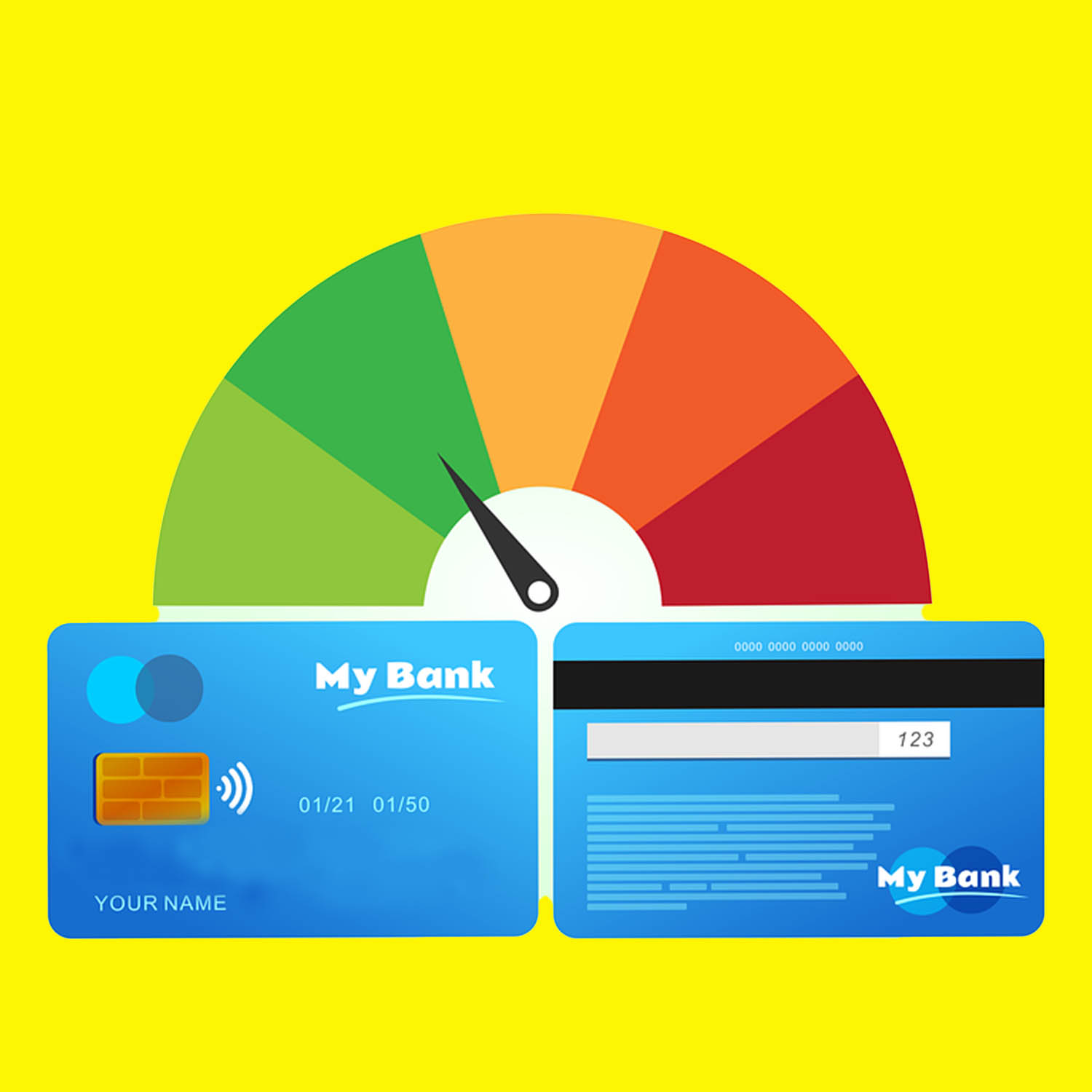 Illustration of a colorful chart, representing the various levels of credit scores, above a bank debit card. 