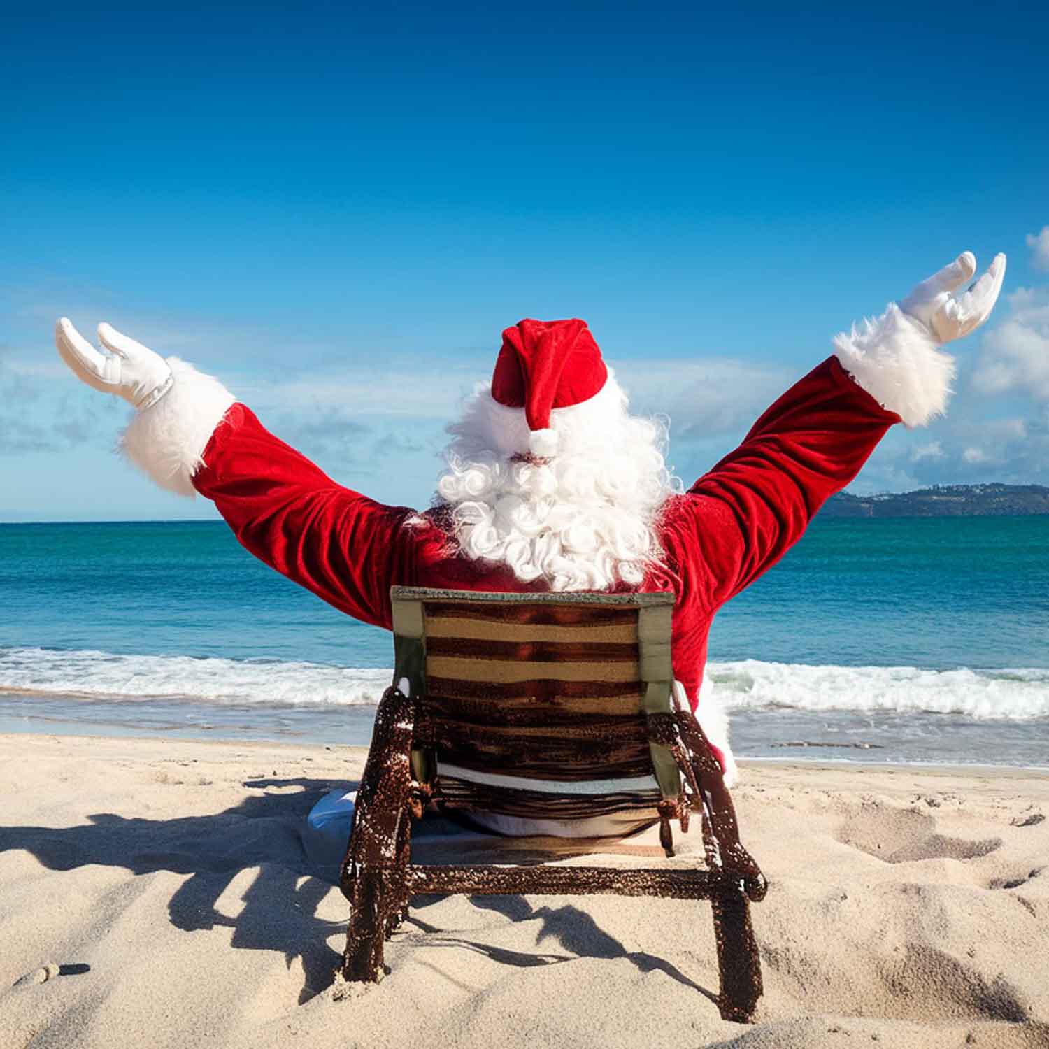 AI generated image of santa claus sitting in a beach chair relaxed while looking at the ocean.