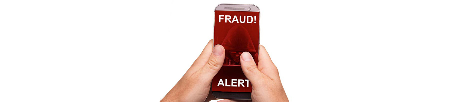 Image of a person holding a cell phone that has a red screen reading: Fraud Alert!